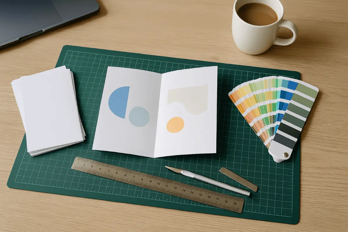 Afla din ghidul nostru cum pregatesti fisierele pentru tipar si cum te asiguri ca printul e de succes in forma finala - Imagine cu rigla, pix, probe de culoare si cromatica cu un pliant