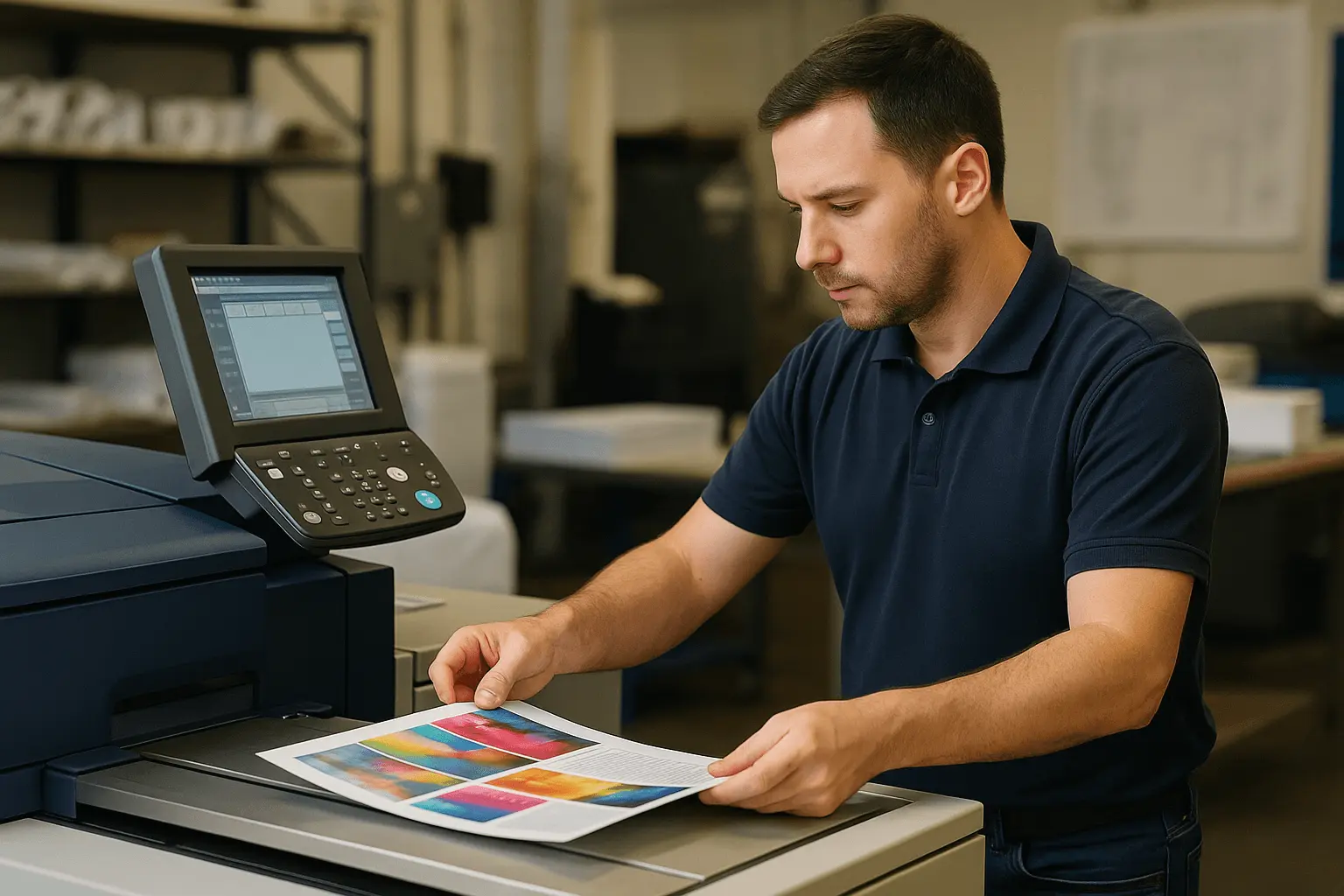 Print Digital vs Tipar Offset - Care sunt avantajele? Imagine cu un barbat care verifica fisierele de tipar la o imprimanta de print digital