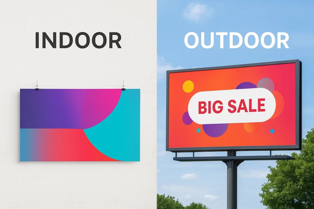 print-indoor-outdoor-de-mari-dimensiuni Print indoor și outdoor oferit de TiparNonStop. Imagine cu un model de print indoor pe perete si celalalt tip si anume outdoor ca panou publicitar.