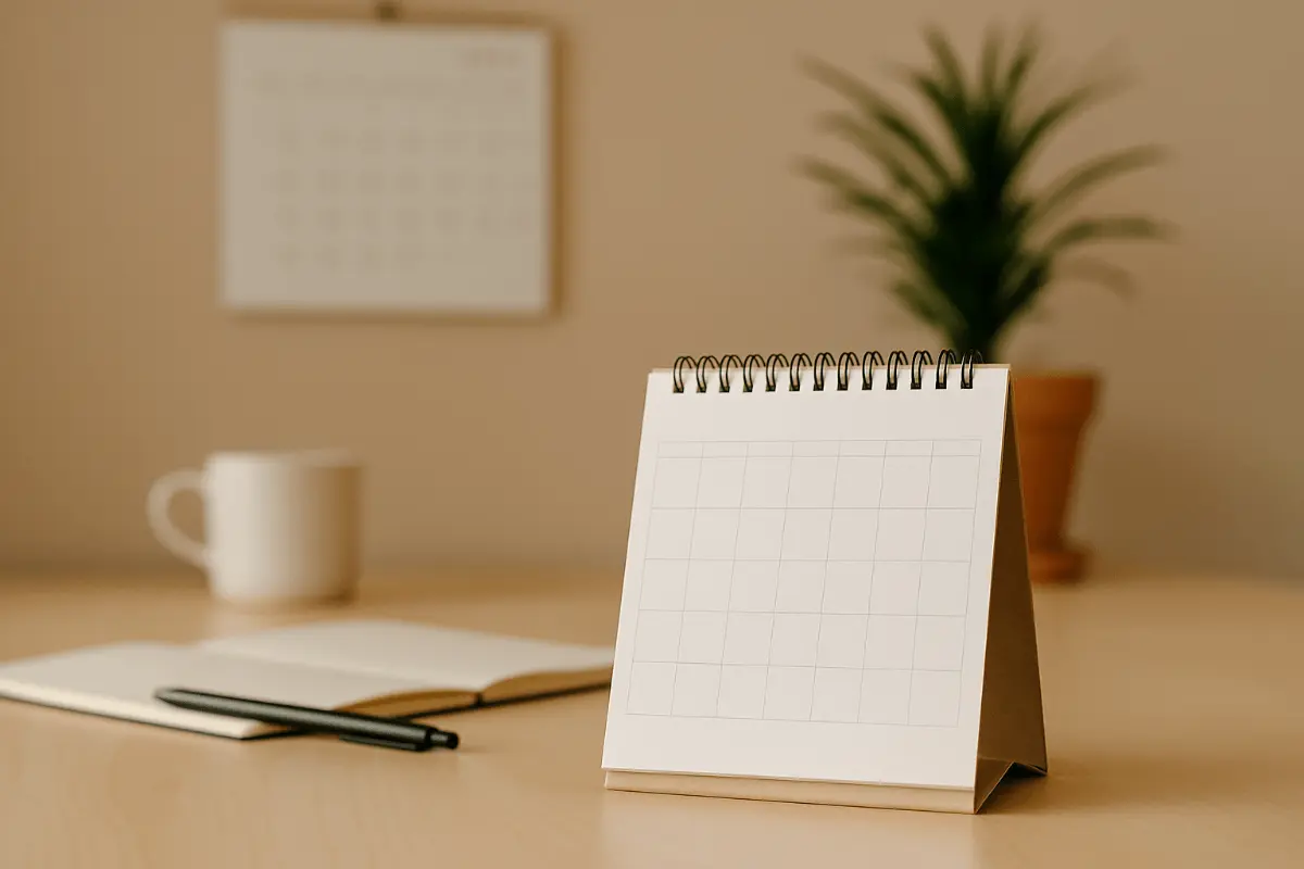 Calendare personalizate produse prin print digital. Imagine cu un birou care are un calendar specific de birou pe el insotit de un carnet de notite, un pix si o cana de cafea.