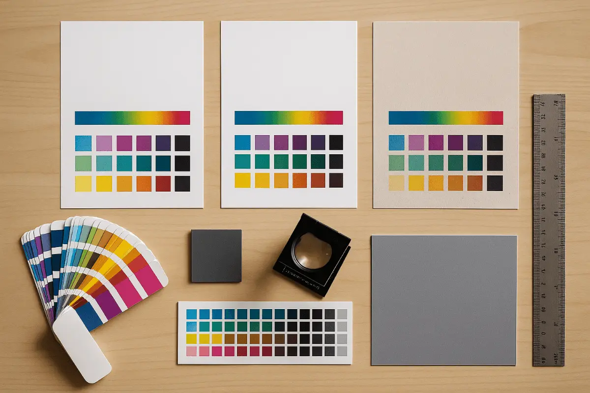 Imagine cu diverse mostre de culori CMYK si RGB. Afla ce profile de culoare pe tipar se potrivesc diverselor tipuri de hartie