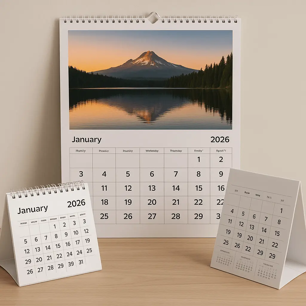 Calendare Personalizate 2026 triunghi sau spirala pentru birou - poza finala cu modele de calendar